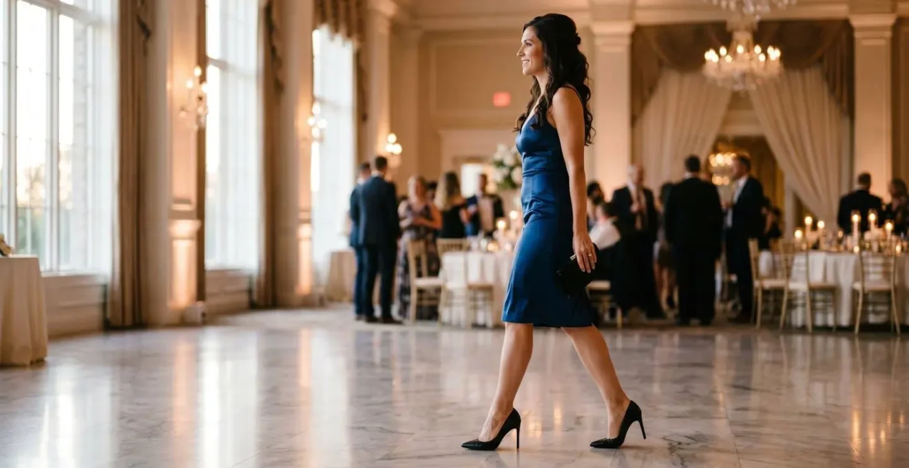 Mujer elegante en evento formal caminando con confianza sobre tacones altos