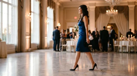 Mujer elegante en evento formal caminando con confianza sobre tacones altos
