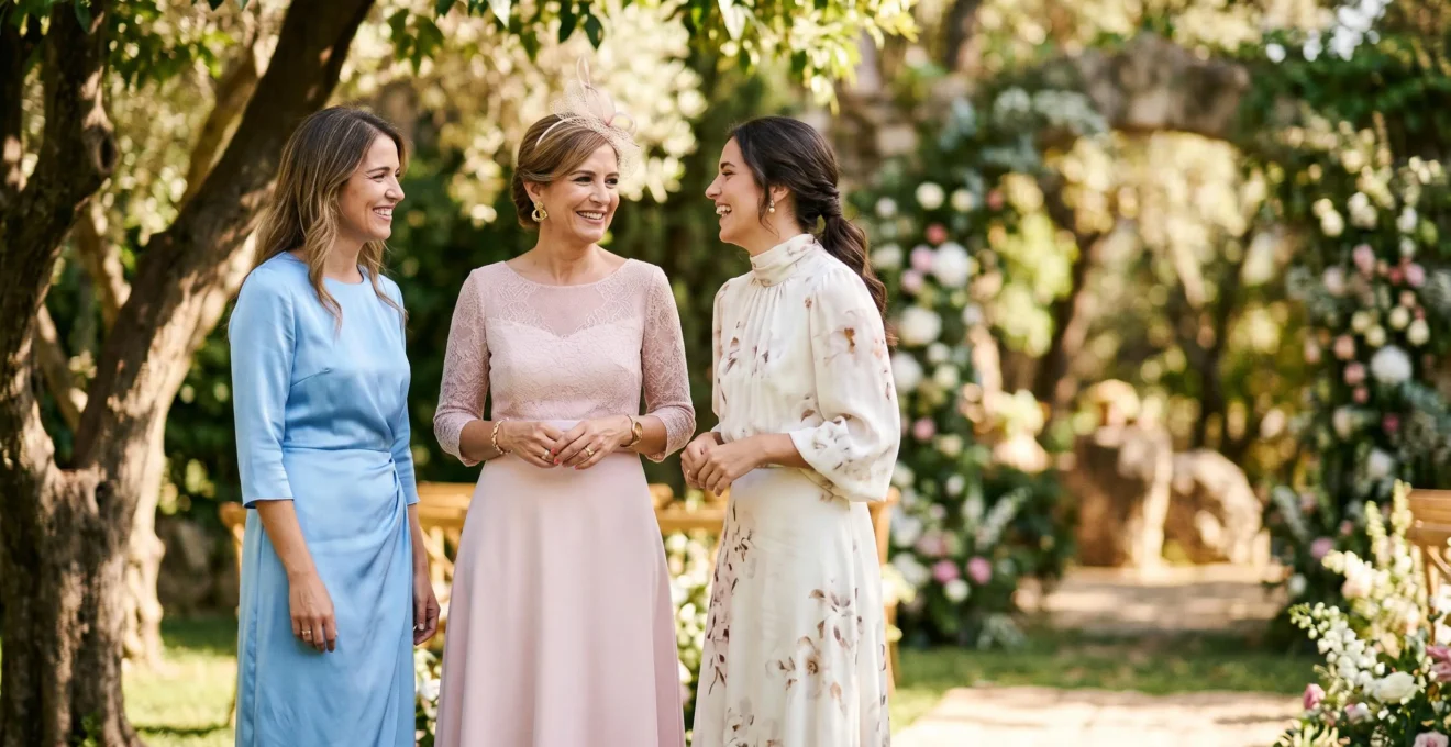 Invitadas elegantes con vestidos midi en tonos pastel en una celebración de comunión en España, con ambiente luminoso y primaveral