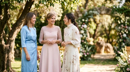 Invitadas elegantes con vestidos midi en tonos pastel en una celebración de comunión en España, con ambiente luminoso y primaveral