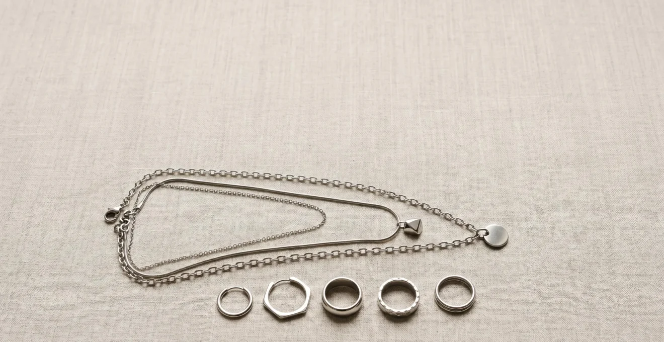 Composición minimalista de joyería en acero quirúrgico con collares superpuestos y pendientes sobre fondo neutro con espacio negativo