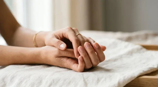 Primer plano de manos femeninas con uñas naturales saludables durante tratamiento de cuidado profesional