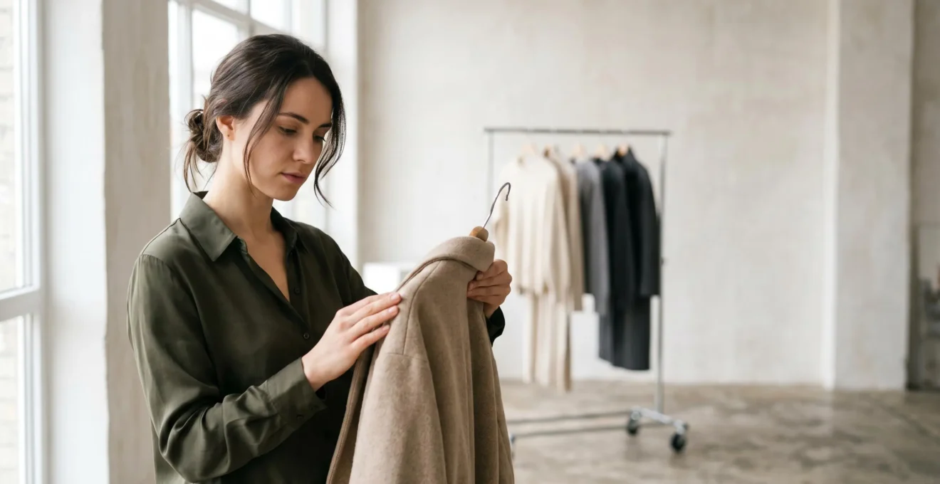 Mujer reflexionando sobre decisión de compra consciente en tienda de moda sostenible