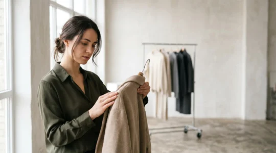 Mujer reflexionando sobre decisión de compra consciente en tienda de moda sostenible