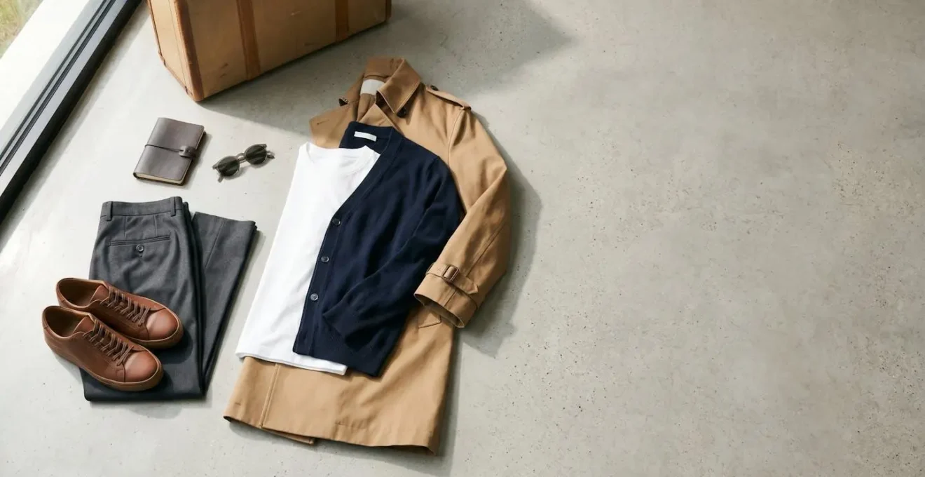 Composición elegante de prendas de viaje versátiles sobre fondo minimalista