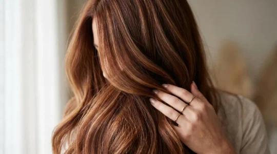 Primer plano de cabello brillante y saludable con tratamiento de color vibrante