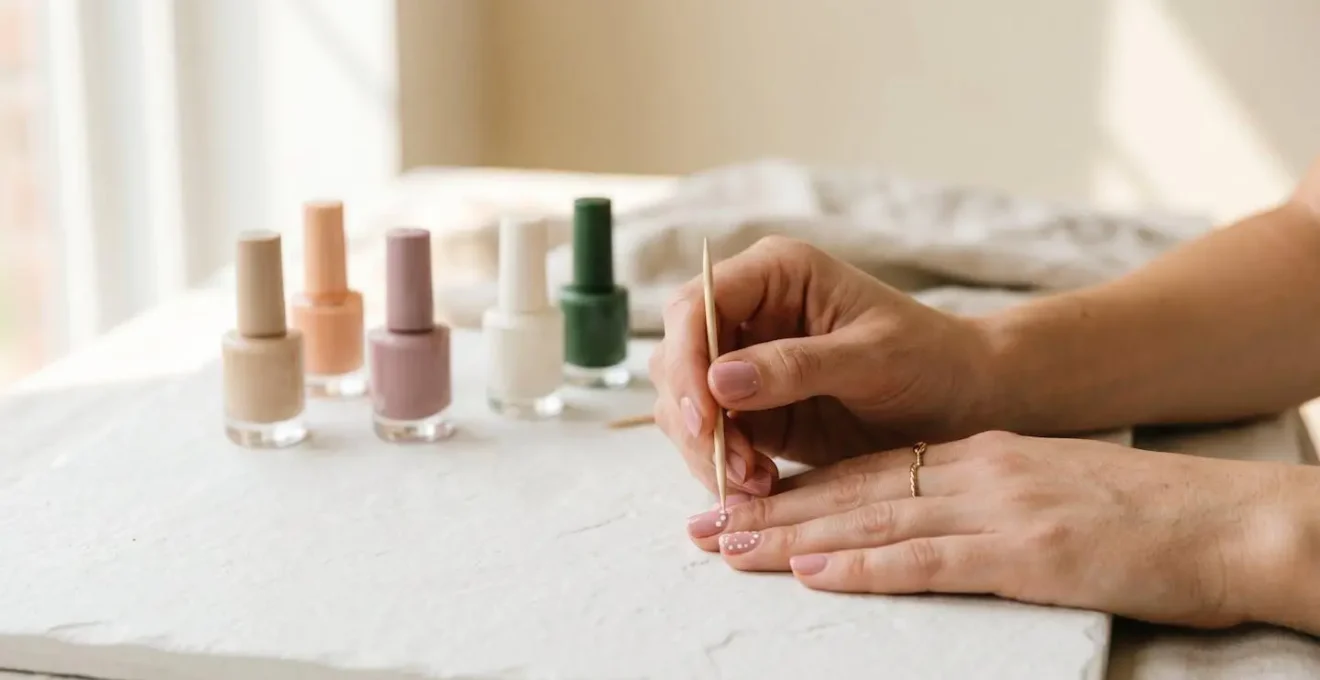 Manos aplicando diseño de nail art con herramientas caseras sobre fondo minimalista