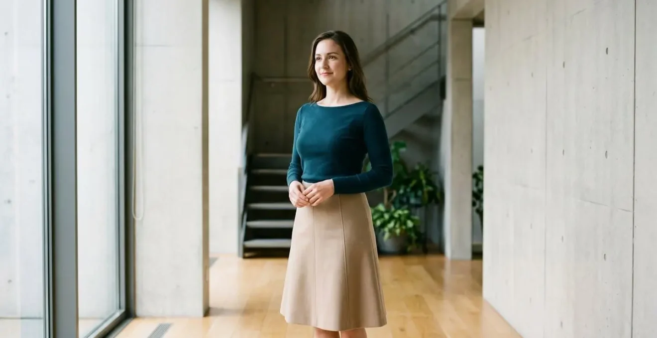 Mujer con cuerpo en forma de A modelando un outfit equilibrado con escote barco y falda estructurada