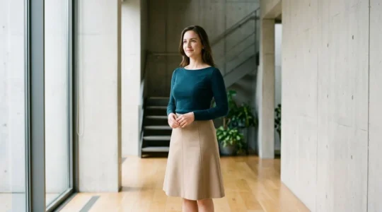 Mujer con cuerpo en forma de A modelando un outfit equilibrado con escote barco y falda estructurada