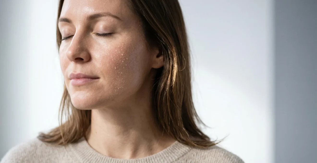 Rostro de mujer con piel radiante e hidratada, gotas de agua sobre la superficie cutánea, ambiente invernal suave