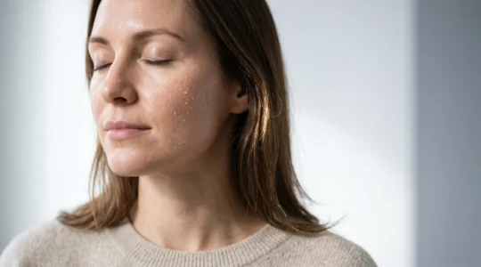 Rostro de mujer con piel radiante e hidratada, gotas de agua sobre la superficie cutánea, ambiente invernal suave