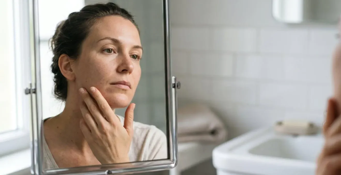 Mujer observando su rostro en un espejo analizando las características de su piel bajo luz natural