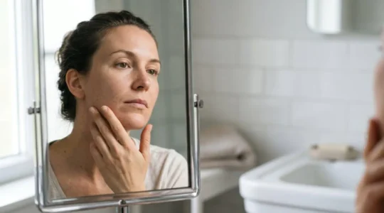 Mujer observando su rostro en un espejo analizando las características de su piel bajo luz natural