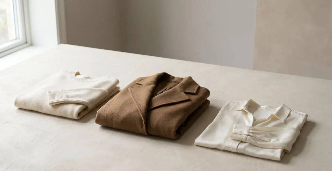 Composición elegante de prendas de calidad sobre fondo minimalista que evoca inversión consciente en moda femenina
