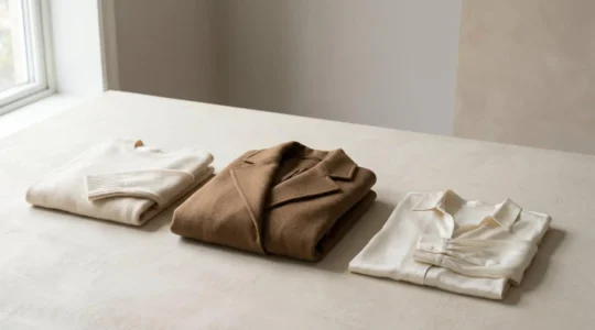 Composición elegante de prendas de calidad sobre fondo minimalista que evoca inversión consciente en moda femenina