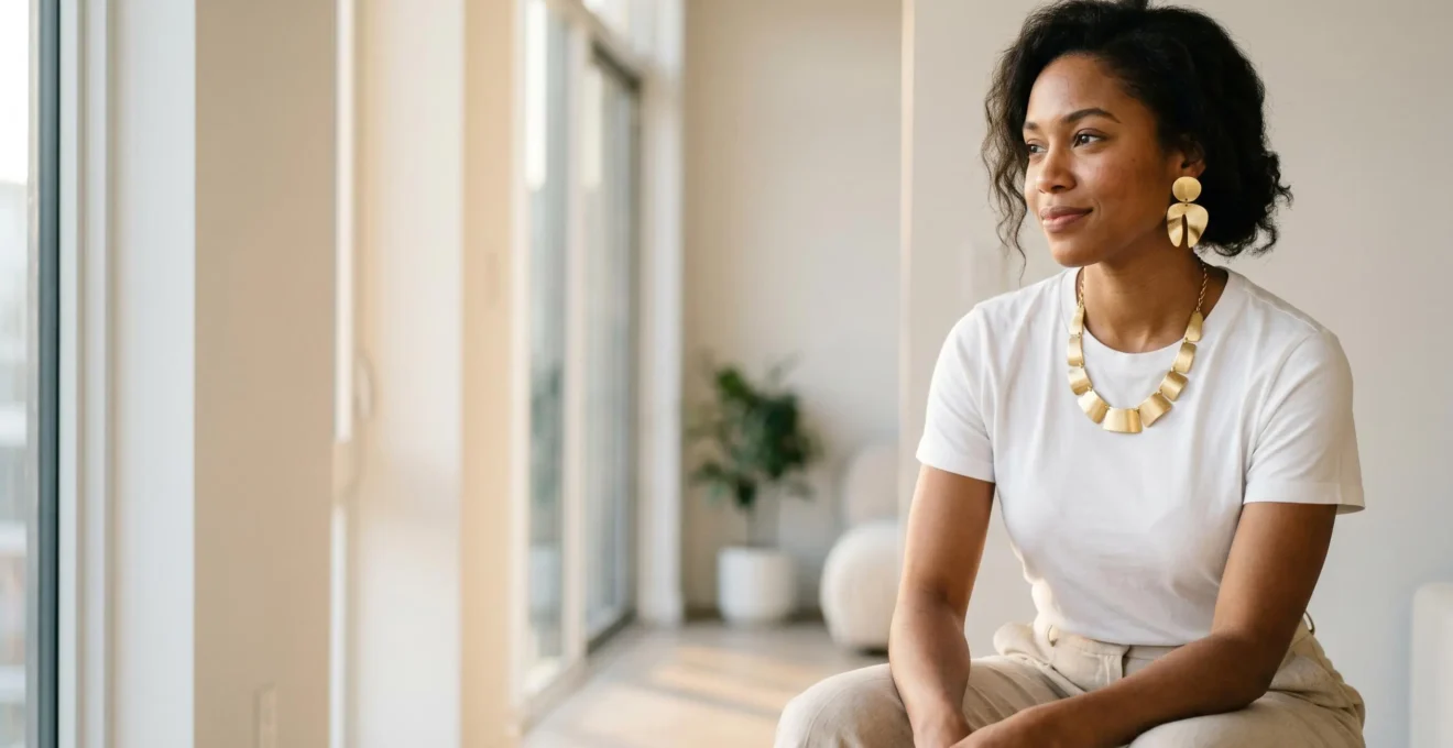 Mujer luciendo joyas statement coordinadas con elegancia en un look minimalista diario