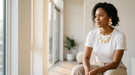 Mujer luciendo joyas statement coordinadas con elegancia en un look minimalista diario