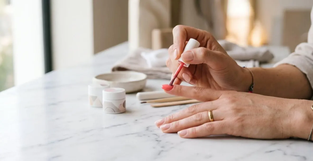 Manos femeninas aplicando esmalte semipermanente en uña natural con técnica profesional