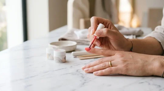 Manos femeninas aplicando esmalte semipermanente en uña natural con técnica profesional