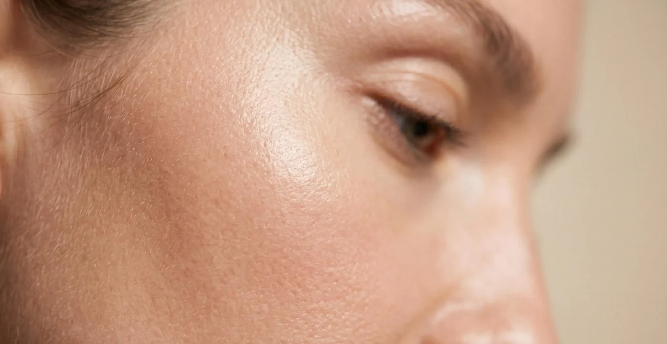Primer plano de piel facial con textura uniforme y poros refinados mostrando luminosidad natural