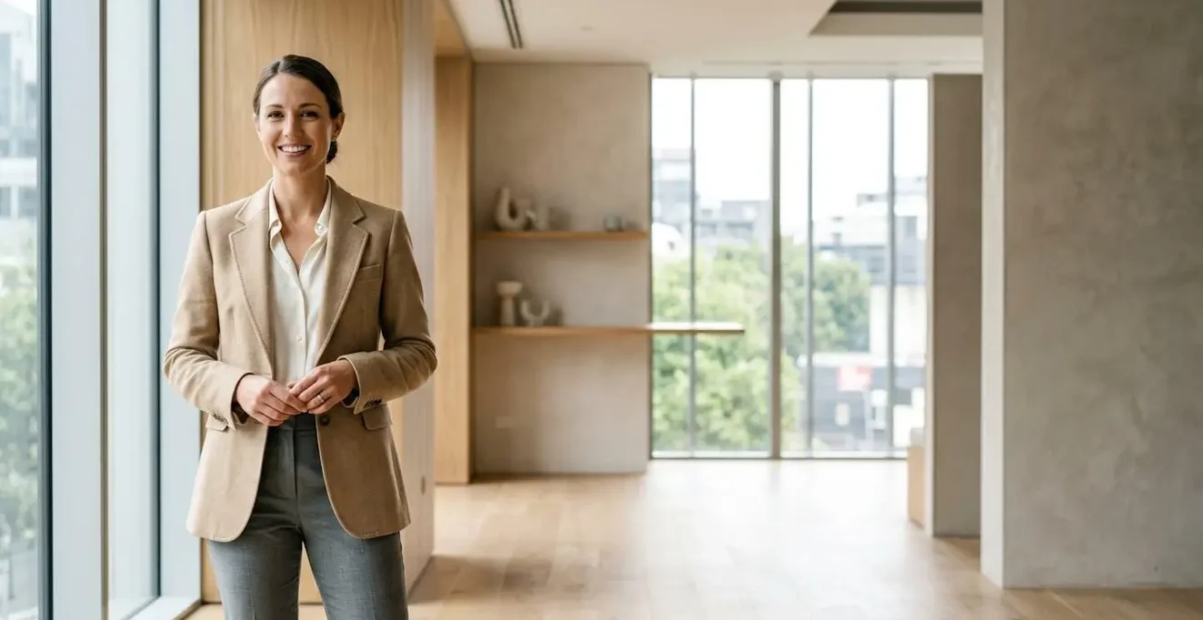 Mujer profesional con estilo elegante y moderno en ambiente de oficina contemporánea