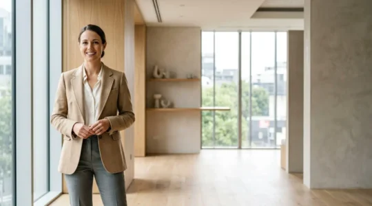 Mujer profesional con estilo elegante y moderno en ambiente de oficina contemporánea