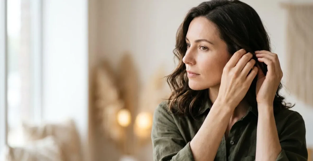 Mujer frente a espejo con diferentes formas de rostro, peinados favorecedores y luz natural suave