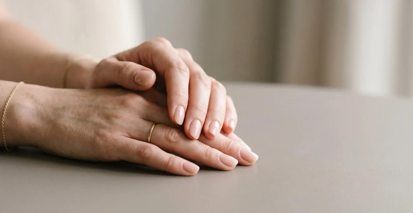 Manos femeninas mostrando uñas reconstruidas con acabado natural y manicura profesional