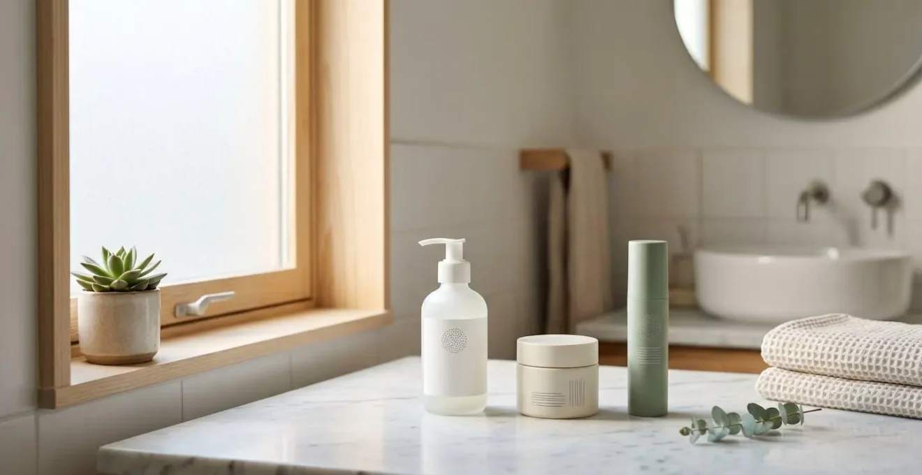 Mujer aplicando producto minimalista de cuidado facial en ambiente luminoso y sereno