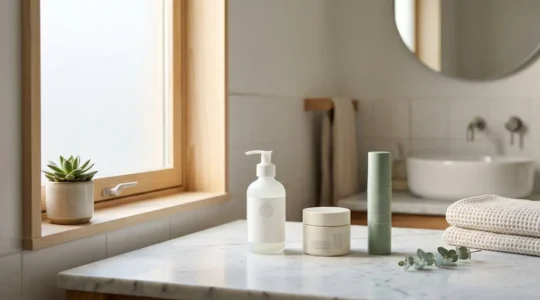 Mujer aplicando producto minimalista de cuidado facial en ambiente luminoso y sereno