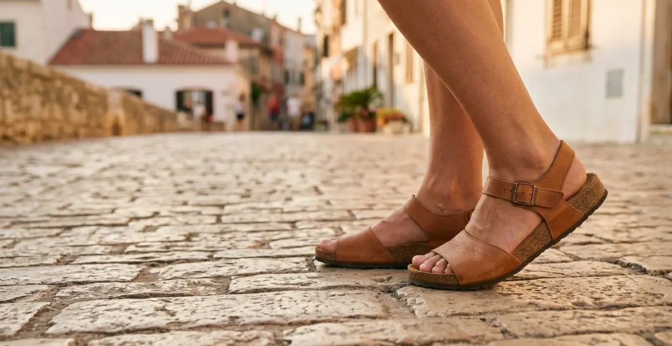 Pies femeninos con sandalias ergonómicas caminando por adoquines en un destino turístico de verano