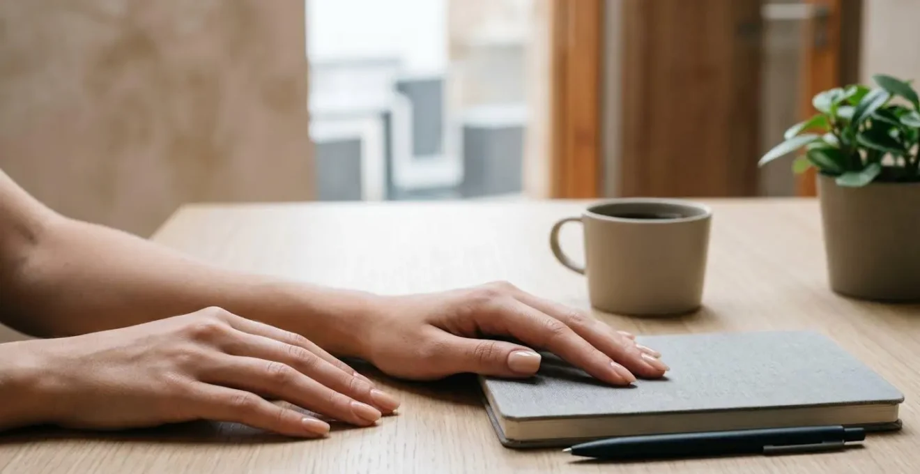 Manos femeninas con manicura elegante en tono nude translúcido sobre escritorio de oficina moderno, ambiente profesional y sofisticado