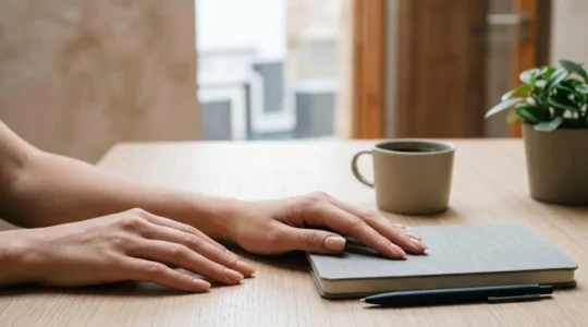 Manos femeninas con manicura elegante en tono nude translúcido sobre escritorio de oficina moderno, ambiente profesional y sofisticado