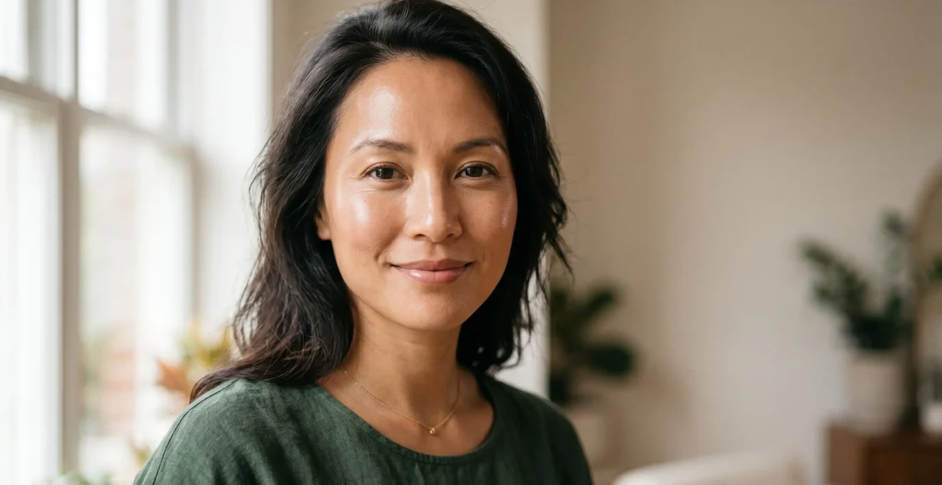 Primer plano de rostro femenino con piel radiante y luminosa sin maquillaje, mostrando textura natural y saludable
