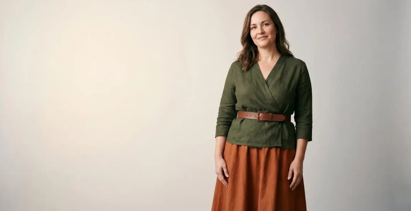 Mujer con silueta rectangular mostrando técnicas de estilismo para crear curvas visuales mediante prendas estratégicas y accesorios